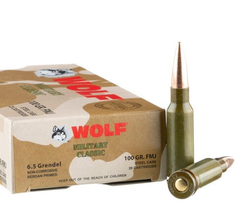 500 Rounds of 6.5mm Grendel Ammo by Wolf Military Classic – 100 gr FMJ