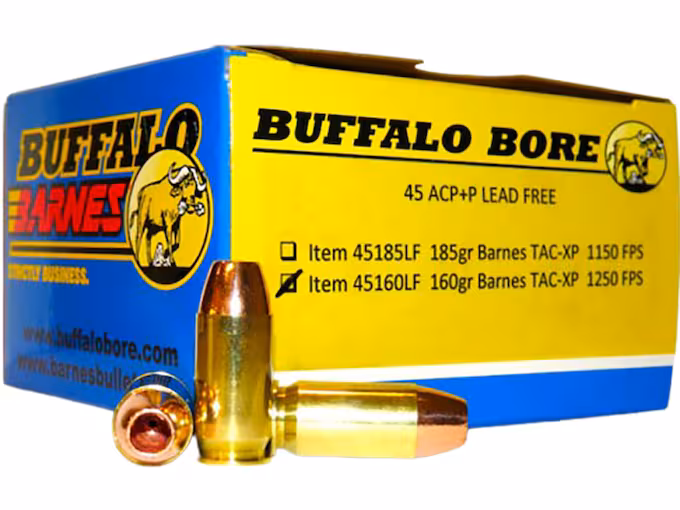 Buffalo Bore Low Recoil 45 ACP Ammo 160 Grain Barnes TAC-XP Solid Hollow Point Lead