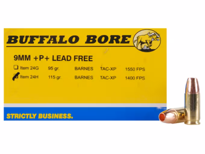 Buffalo Bore 9mm Luger +P+ Ammo 115 Grain Barnes TAC-XP Solid Hollow Point Lead Free