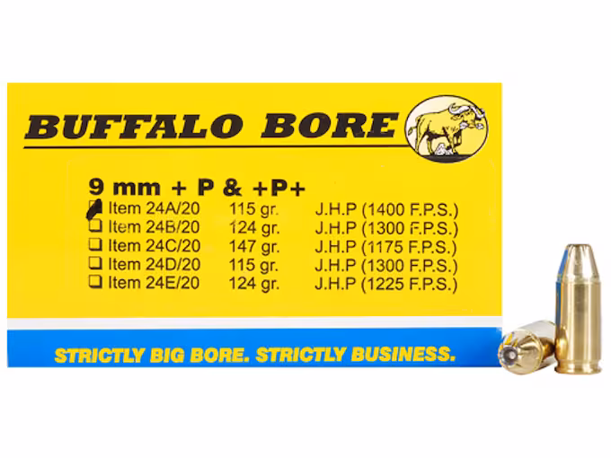 Buffalo Bore 9mm Luger +P Ammo 115 Grain Jacketed Hollow Point
