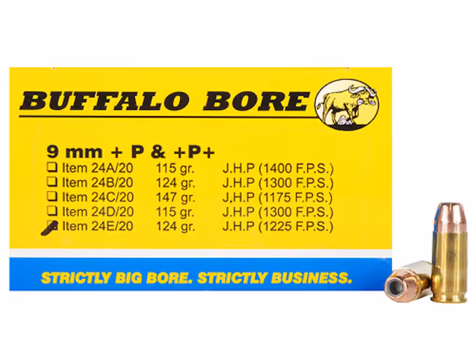 Buffalo Bore 9mm Luger +P Ammo 124 Grain Jacketed Hollow Point