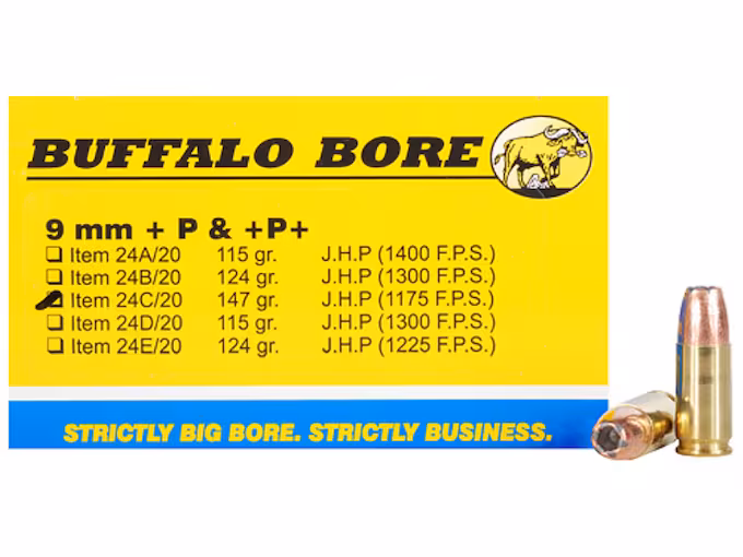 Buffalo Bore 9mm Luger +P+ Ammo 147 Grain Jacketed Hollow Point