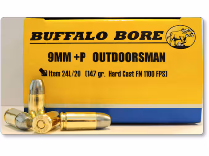Buffalo Bore Outdoorsman 9mm Luger +P Ammo 147 Grain Flat Nose