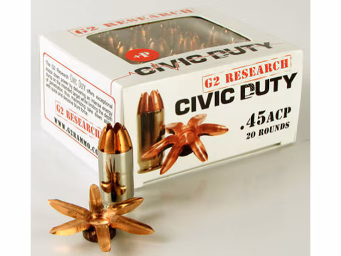 G2 Research Civic Duty 45 ACP Ammo 164 Grain G2 R.I.P. Solid Hollow Point Lead Free