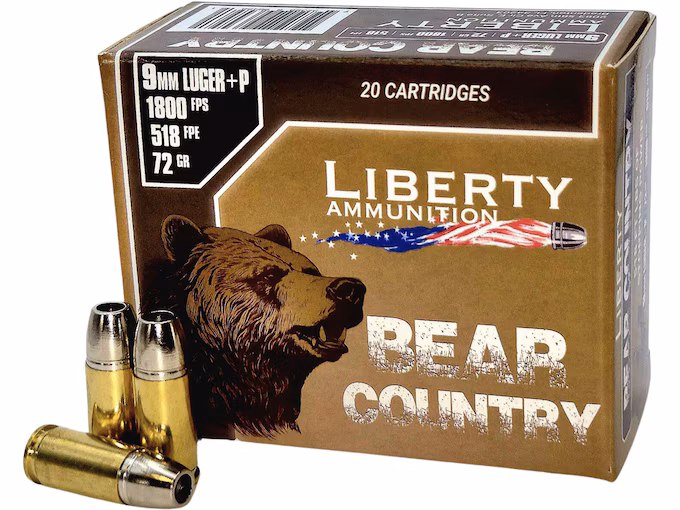 Liberty Ammunition Bear Country 9mm Luger +P Ammo 72 Grain Solid Hollow Point Lead Free