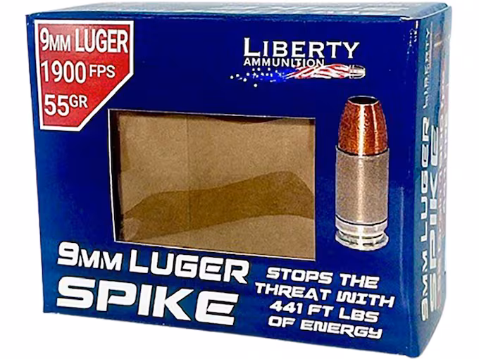 Liberty Ammunition Spike 9mm Luger Ammo 55 Grain Solid Hollow Point Lead Free