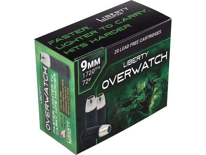 Liberty Overwatch 9mm Luger +P Ammo 72 Grain Solid Hollow Point Lead Free
