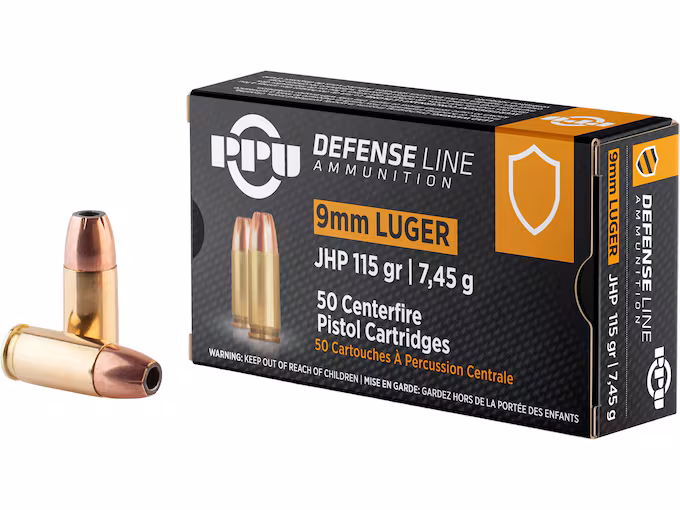 PPU Defense 9mm Luger Ammo 115 Grain Jacketed Hollow Point